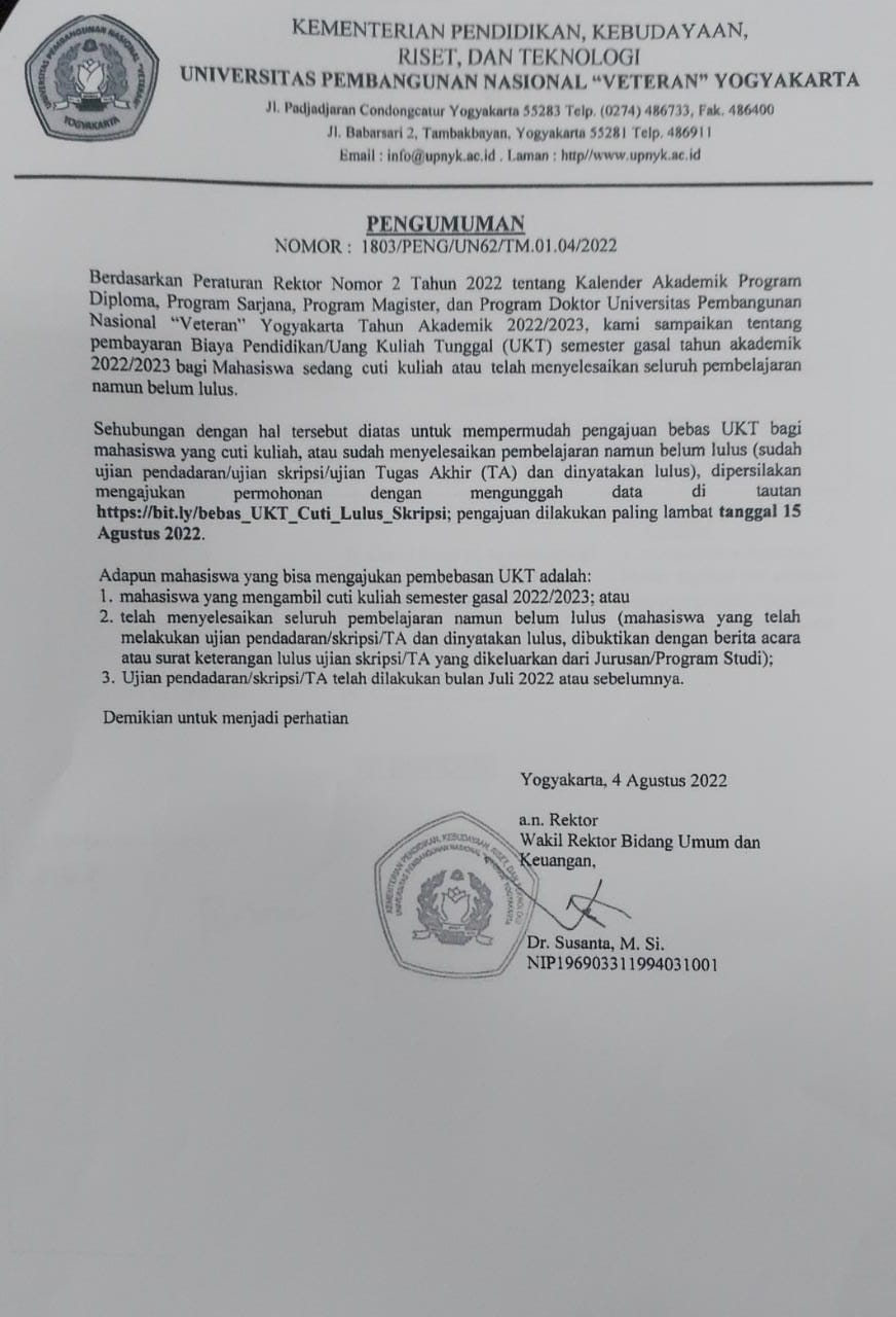 Bebas UKT bagi Cuti Kuliah & telah Pendadaran Skripsi