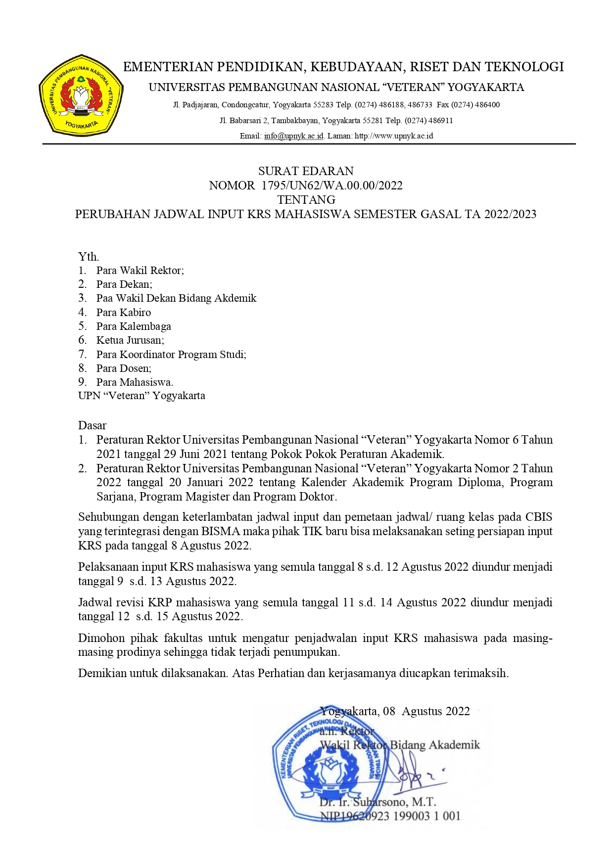 PERUBAHAN JADWAL INPUT KRS MAHASISWA SEMESTER GASAL TA 2022/2023